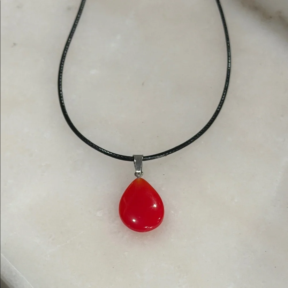 Ruby Teardrop Pendant Necklace Minimalist Red Agate Stone Black Cord Gift